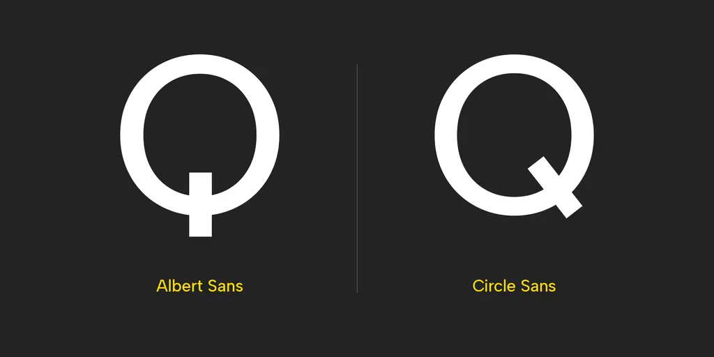 The uppercase Q of Albert Sans with its centred vertical tail next to the Circle Sans Q with a diagonal stroke crossing the bowl