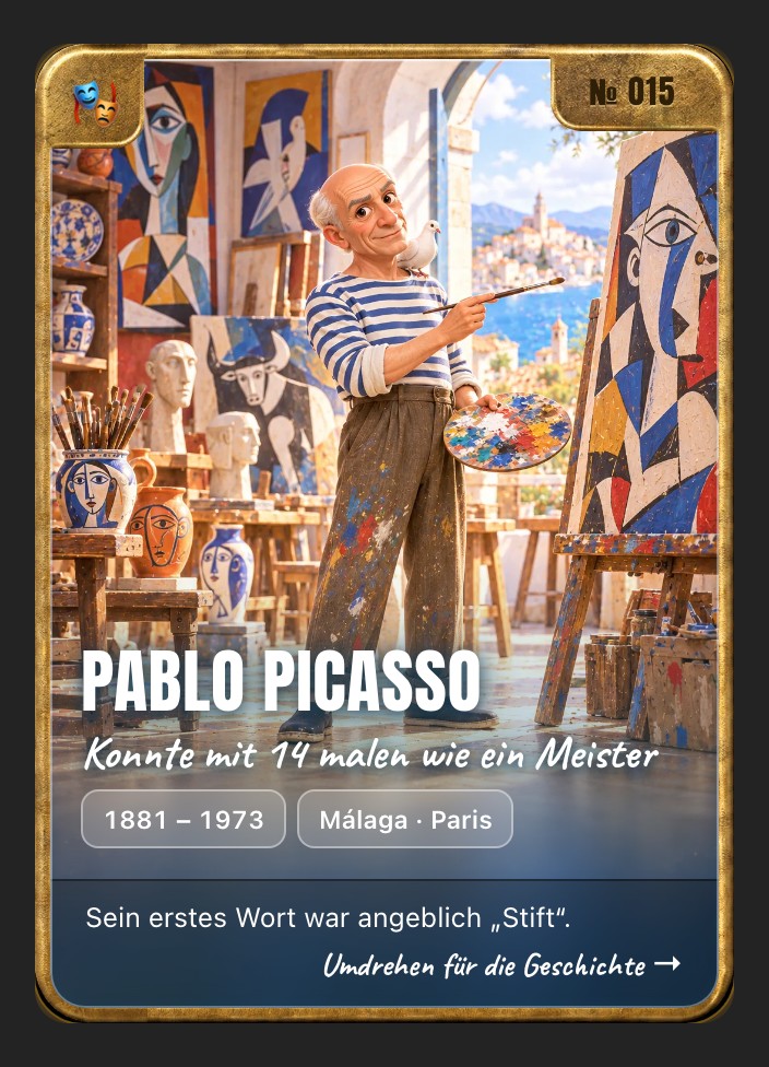 Trading card of Pablo Picasso, front: storybook illustration in a brass frame
