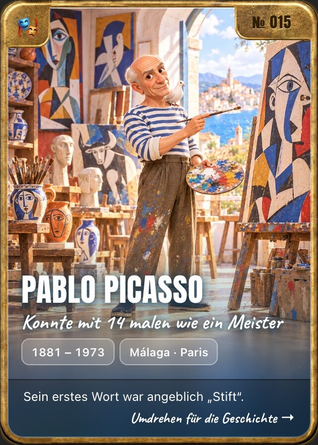 Trading card of Pablo Picasso, front: storybook illustration in a brass frame