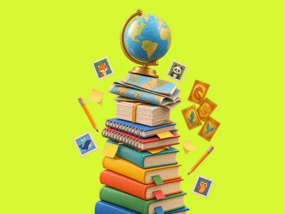 A teetering stack of schoolbooks, maps and flash cards with a globe on top