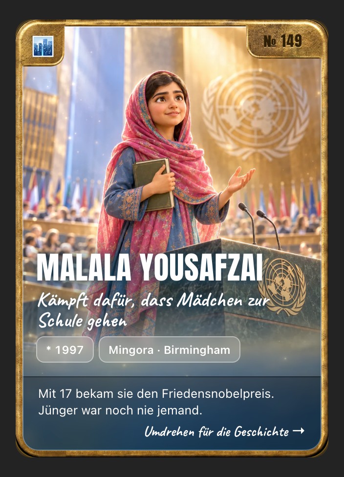Trading card of Malala Yousafzai, front: storybook illustration in a brass frame