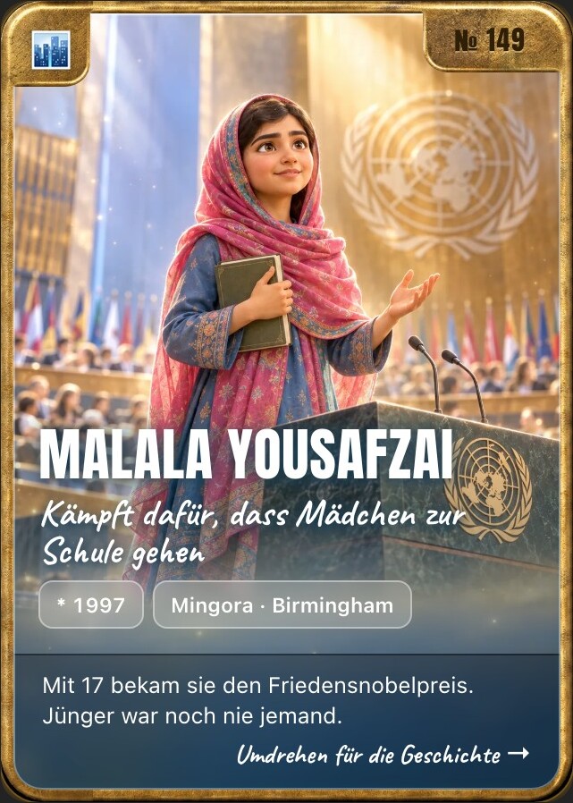 Trading card of Malala Yousafzai, front: storybook illustration in a brass frame