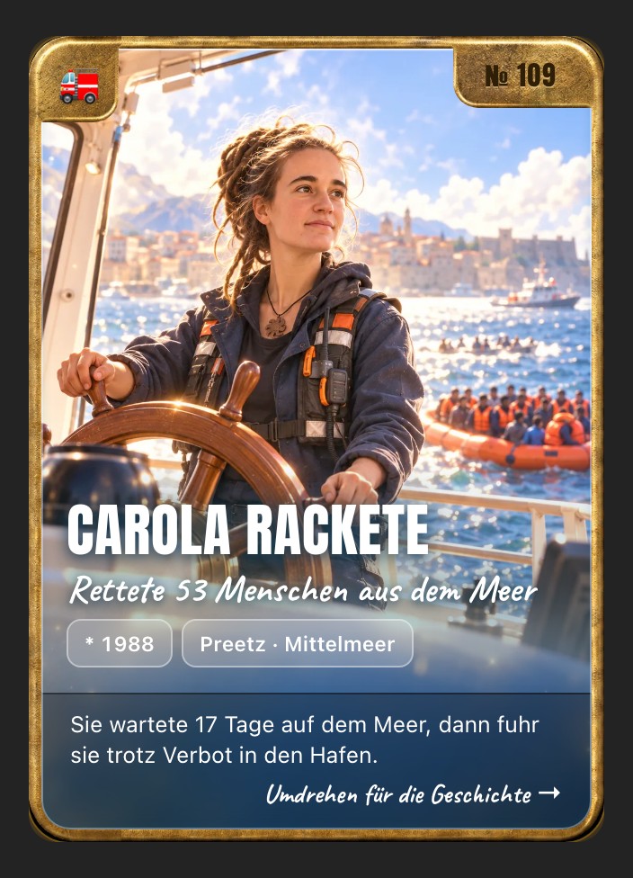 Trading card of Carola Rackete, front: storybook illustration in a brass frame