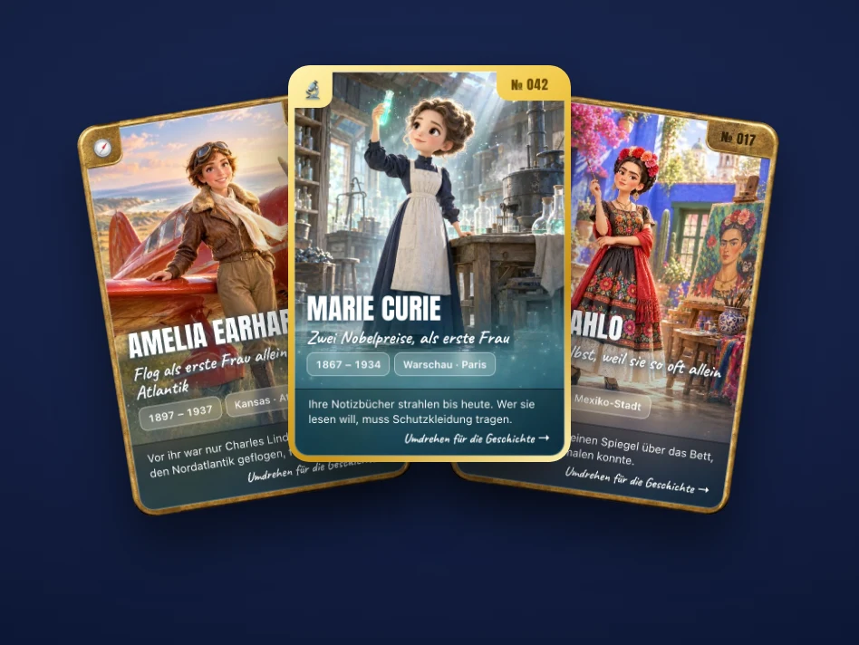 Three legend cards: Amelia Earhart, Marie Curie and Frida Kahlo