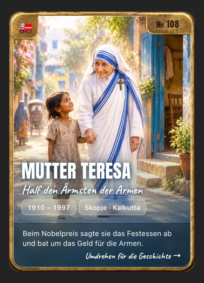 Trading card of Mother Teresa, front: storybook illustration in a brass frame