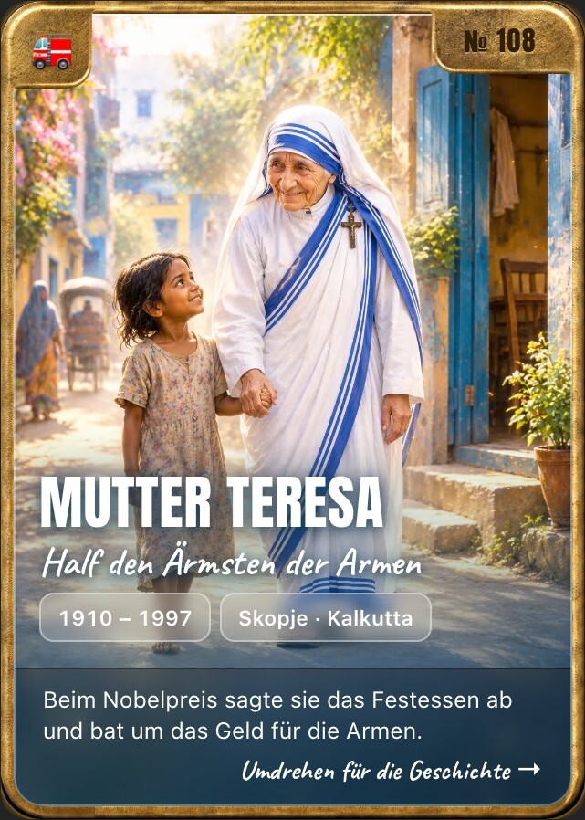 Trading card of Mother Teresa, front: storybook illustration in a brass frame