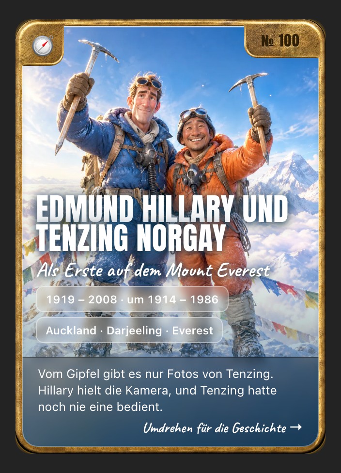 Trading card of Edmund Hillary and Tenzing Norgay, front: storybook illustration in a brass frame
