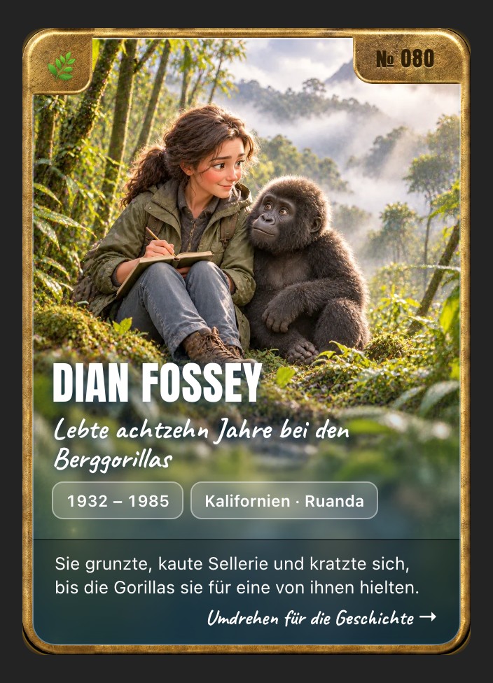 Trading card of Dian Fossey, front: storybook illustration in a brass frame