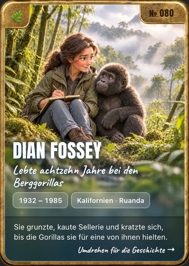 Trading card of Dian Fossey, front: storybook illustration in a brass frame