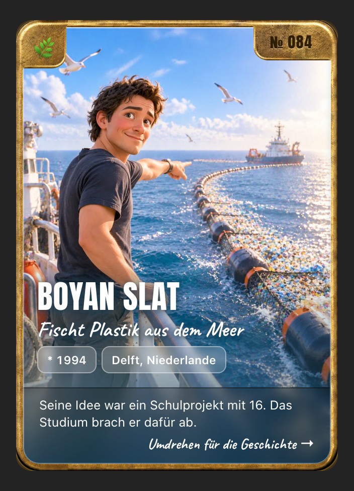Trading card of Boyan Slat, front: storybook illustration in a brass frame