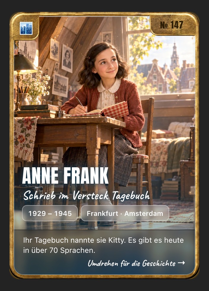 Trading card of Anne Frank, front: storybook illustration in a brass frame