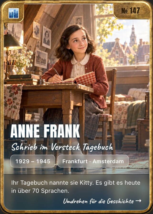 Trading card of Anne Frank, front: storybook illustration in a brass frame