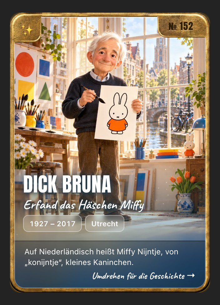 Trading card of Dick Bruna, front: storybook illustration in a brass frame
