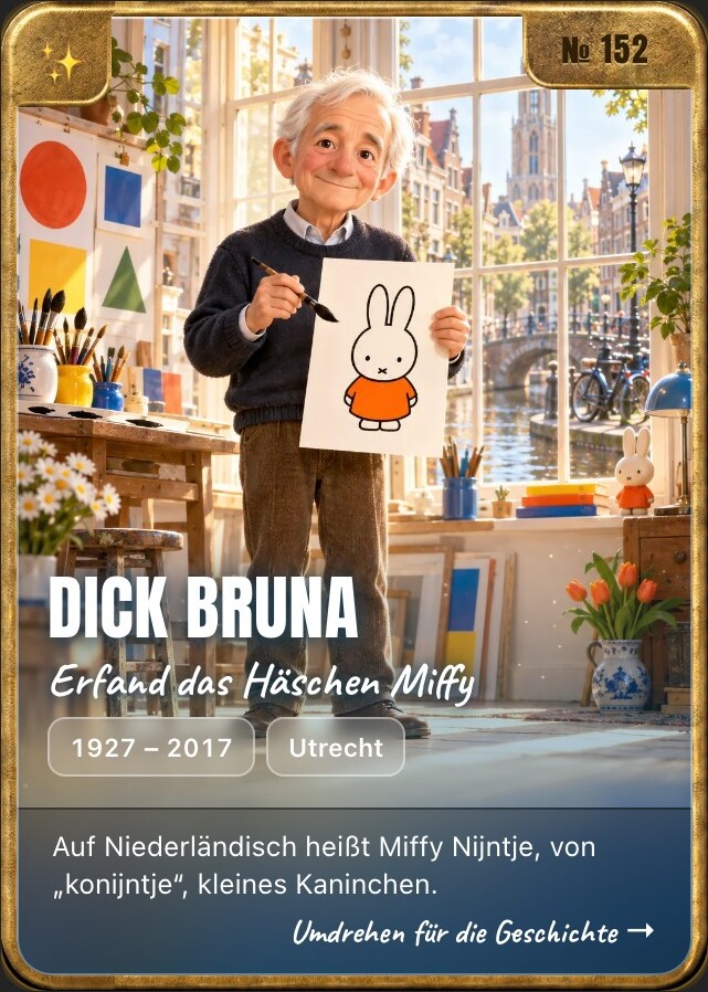 Trading card of Dick Bruna, front: storybook illustration in a brass frame