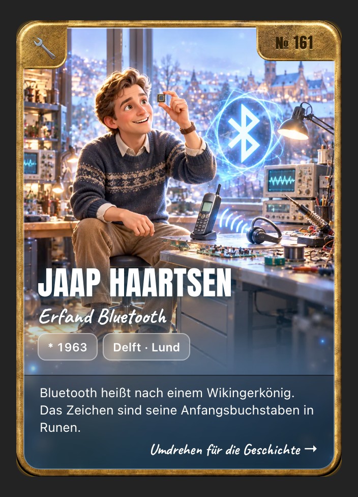 Trading card of Jaap Haartsen, front: storybook illustration in a brass frame