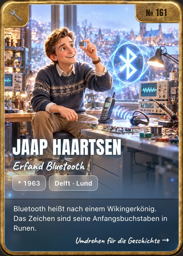 Trading card of Jaap Haartsen, front: storybook illustration in a brass frame