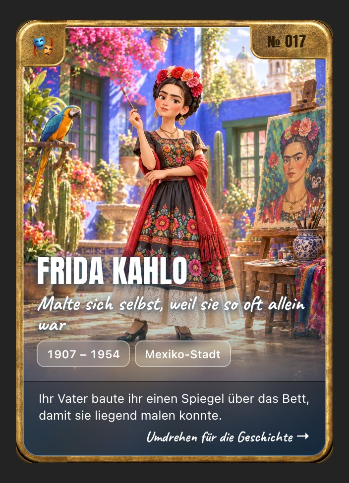 Trading card of Frida Kahlo, front: storybook illustration in a brass frame