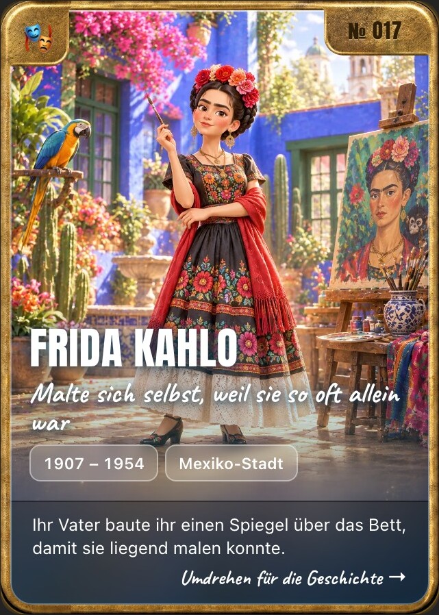 Trading card of Frida Kahlo, front: storybook illustration in a brass frame