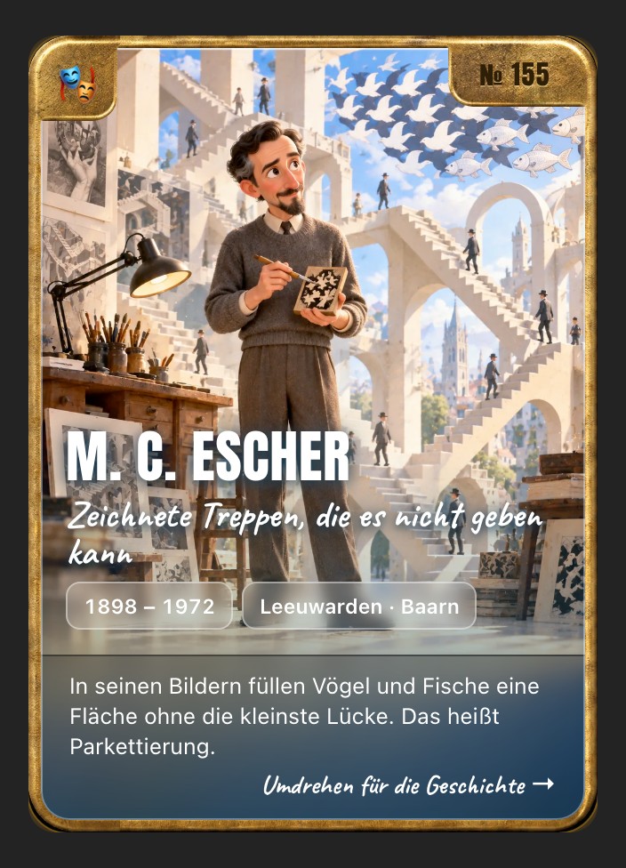 Trading card of M. C. Escher, front: storybook illustration in a brass frame