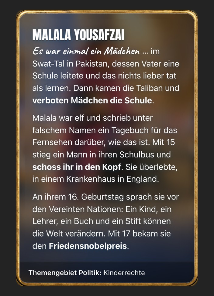 Trading card of Malala Yousafzai, back: her or his story, starting with "Es war einmal"
