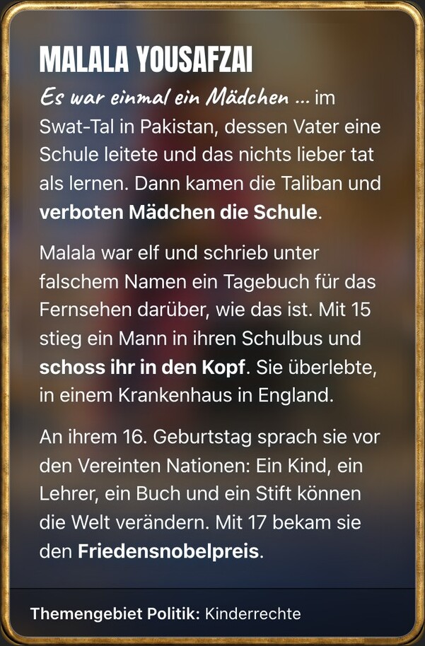 Trading card of Malala Yousafzai, back: her or his story, starting with "Es war einmal"
