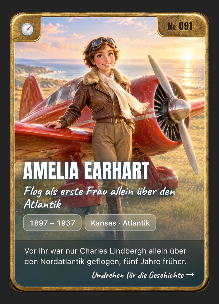 Trading card of Amelia Earhart, front: storybook illustration in a brass frame
