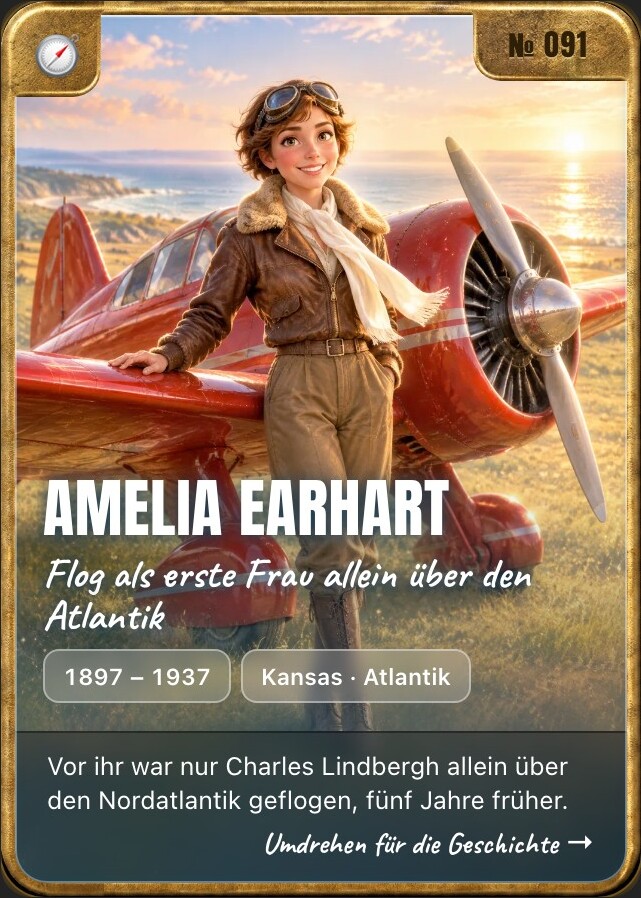 Trading card of Amelia Earhart, front: storybook illustration in a brass frame