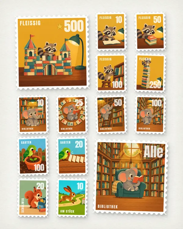 Kompass — a sheet of badge stamps: raccoon, elephant, parrot, squirrel and hare